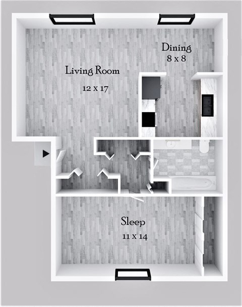 Floor plan for 1 bed, 1 bath, 725 sqft